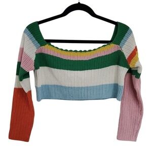 Interdee Womens Multicolor Stripe Scallop Crochet Knit Crop Sweater Size L Beach